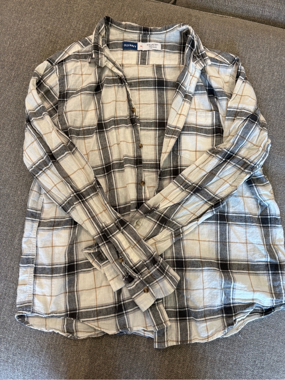 Old Navy Cream, Black & Tan Plaid Linen-Blend Shirt